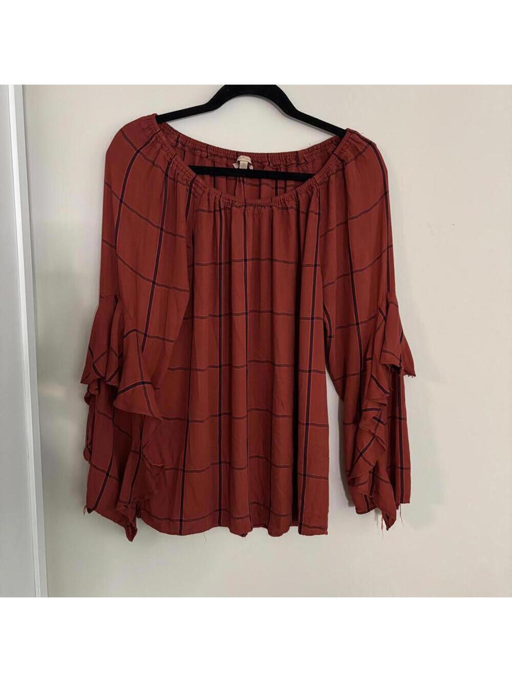 Gibson Latimer Orange Plaid Off The Shoulder Boho Ruffle Sleeve Blouse Top Shirt